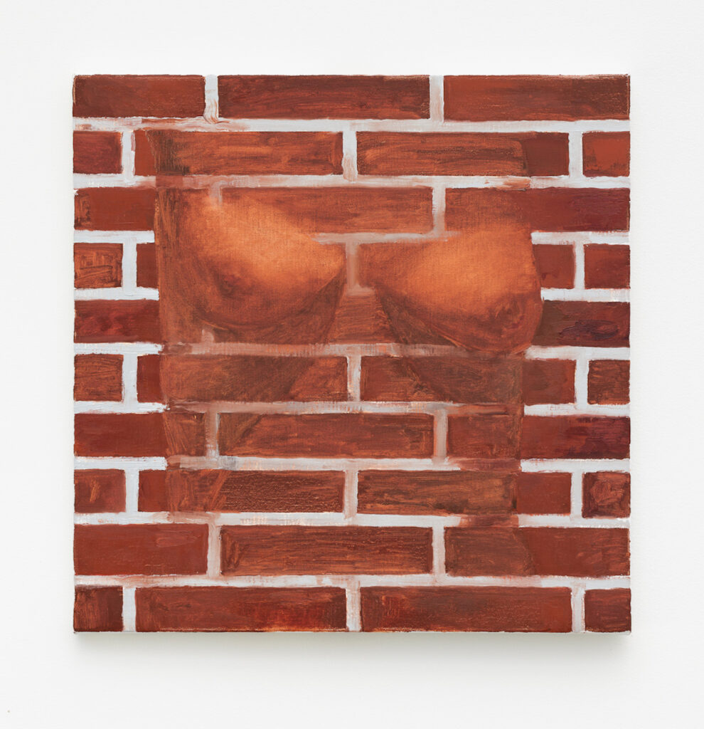 A painting of a brick wall with a transparent female presenting torso hovering in the center. 