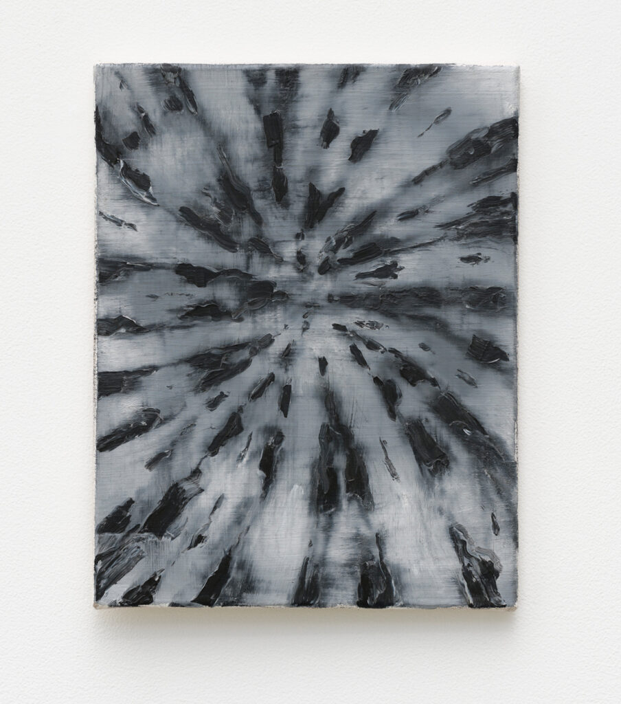 A black and white painting of spiral patterned tie dye.