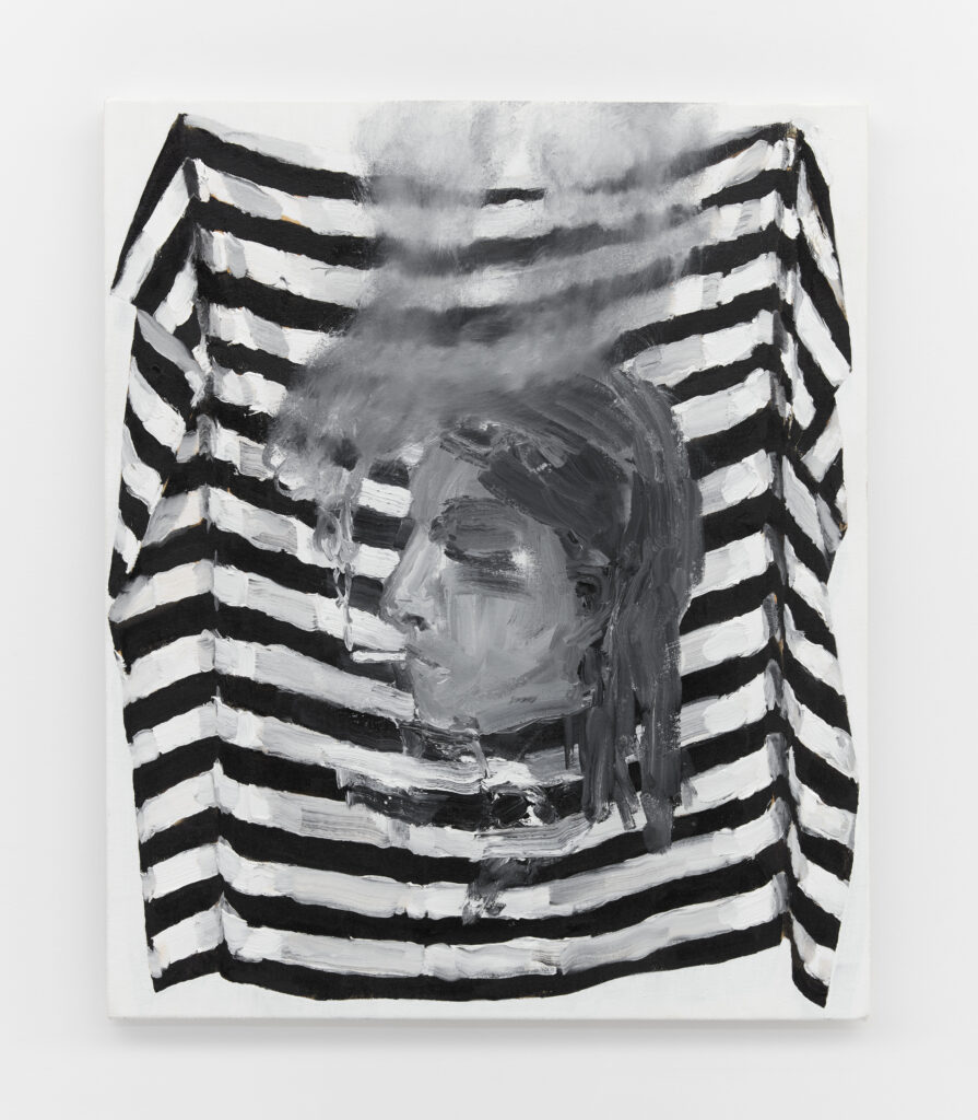 A black and white painting of striped cloth hanging on a white wall, with a floating head smoking a cigarette in the middle and smoke floating up to the top edge of the canvas. 