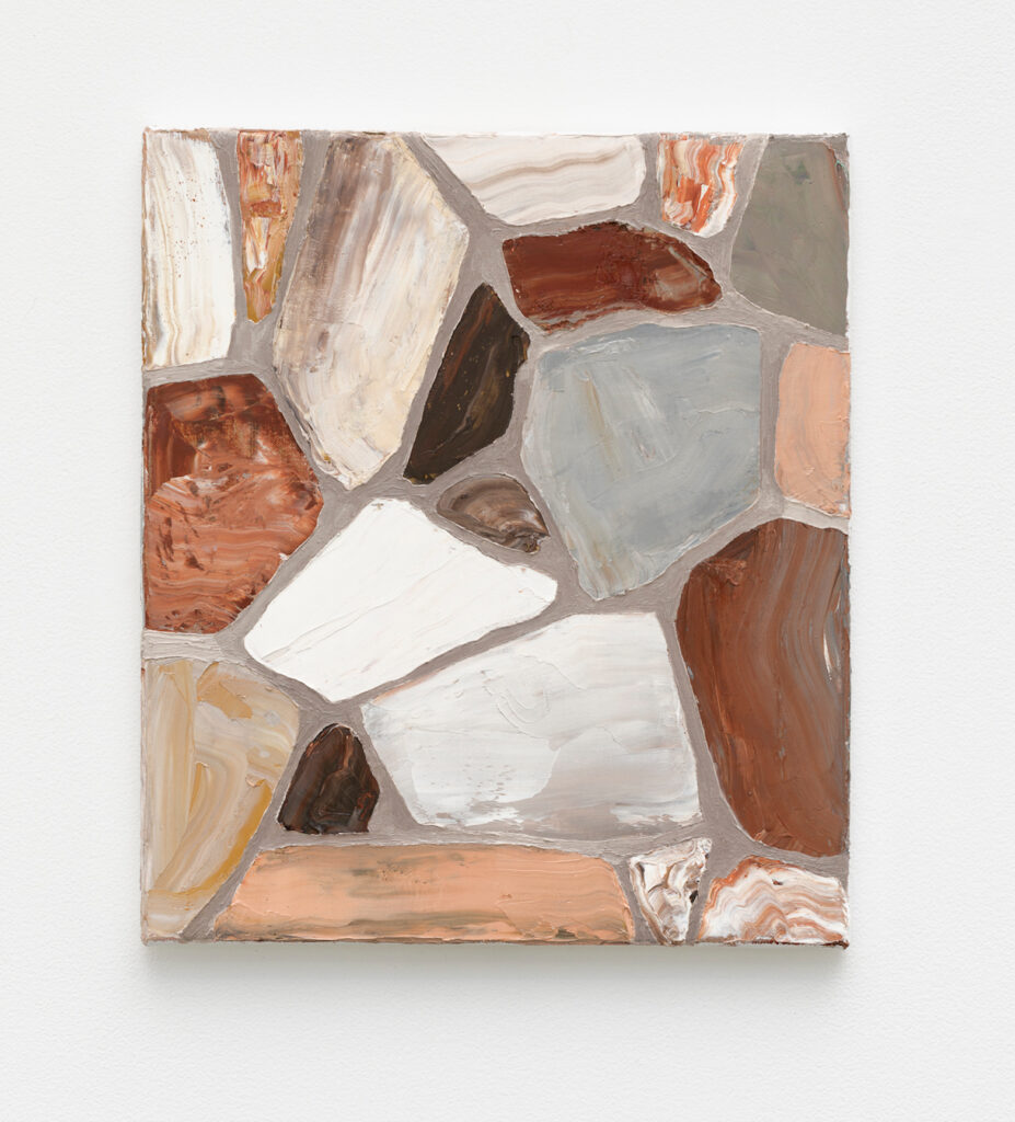 A painting that simulates a mid-century modern architectural stone facade.