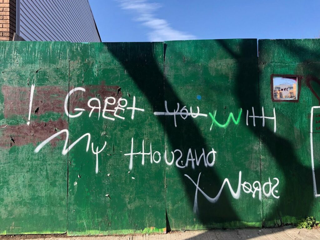 Photo of a green construction wall on a sunny day in Brooklyn. The following tag is written in very large words: "I Greet you With My thousand Words"