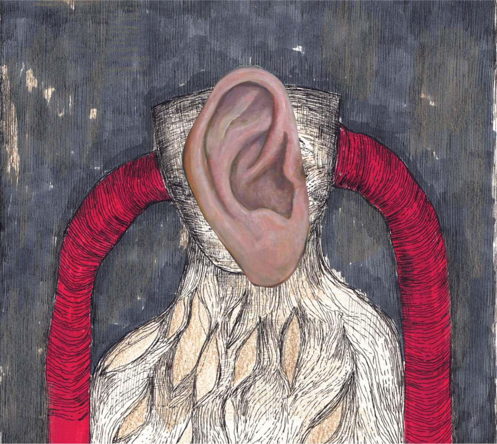 The back panel of the album art for 'Resonance Studies in Ecstatic Consciousness', devised by artist Golnaz Shariatzadeh. The drawing depicts a figure with two red trunks running down to the bottom edge of the image in place of ears, and a large ear covering the front of the face. The body seems to be covered in flowing tan hair.
