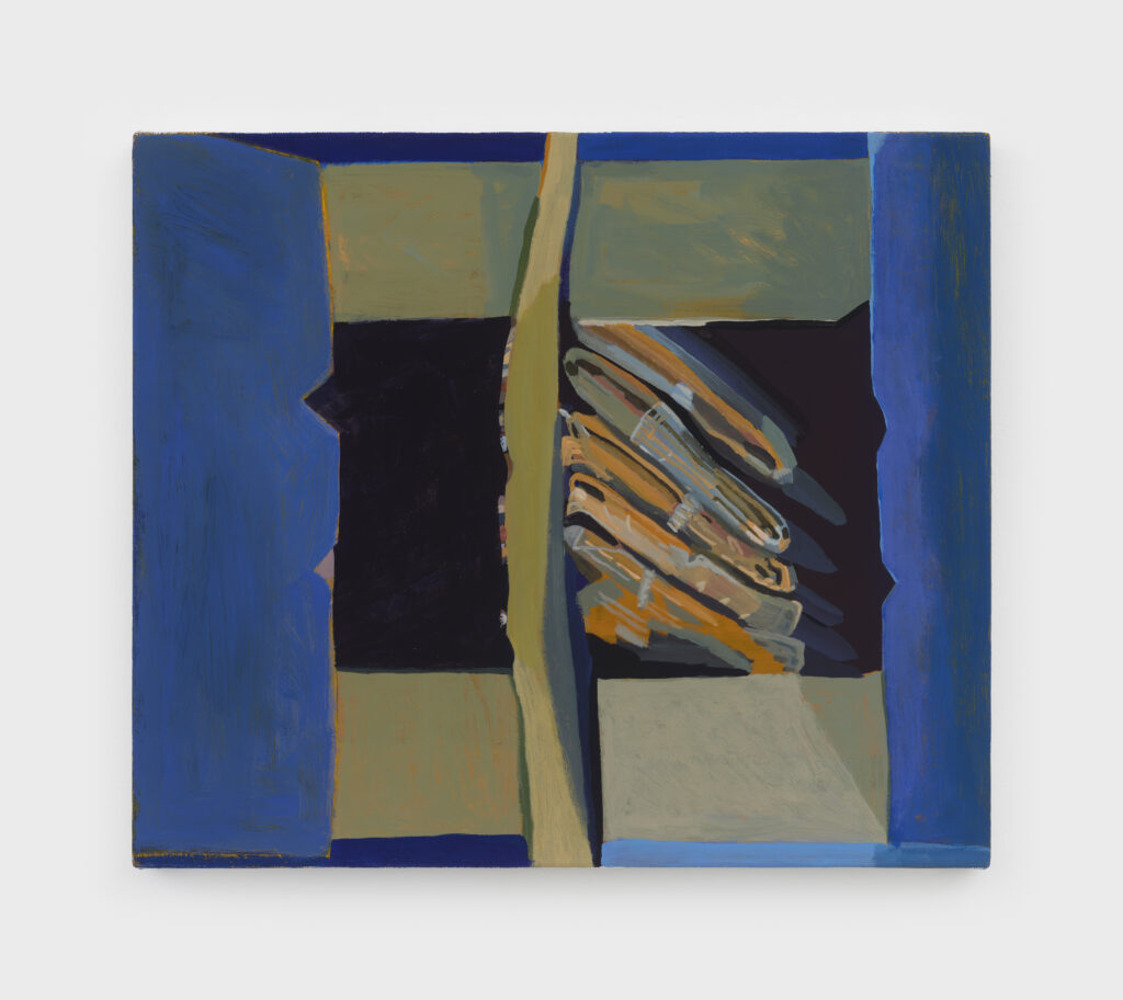 An almost square painting of two blue cardboard boxes shown partially opened. In the left side is a dark empty space, and the right side is full with a stack of slanted shapes painted with fine lines