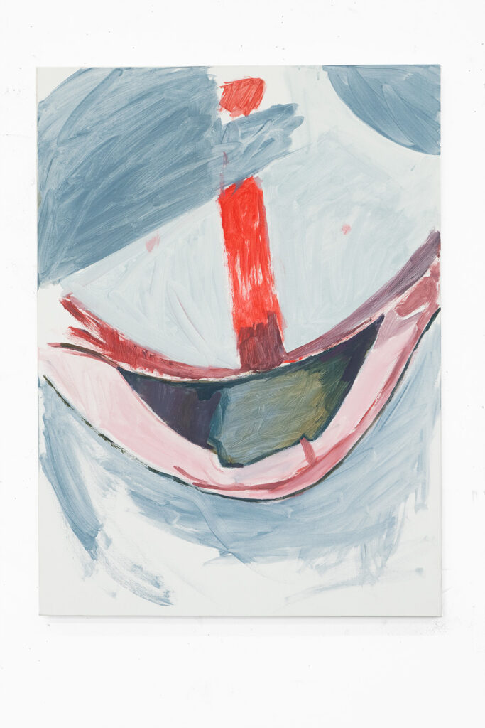 A gestural painting in grays, reds, and greens that looks like a grinning face.