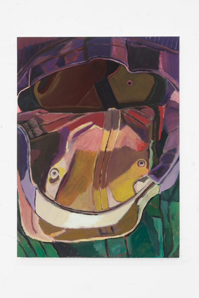 a vertical orientation painting of a mostly purple and yellow inside out baseball hat. The bottom sixth of the painting is green