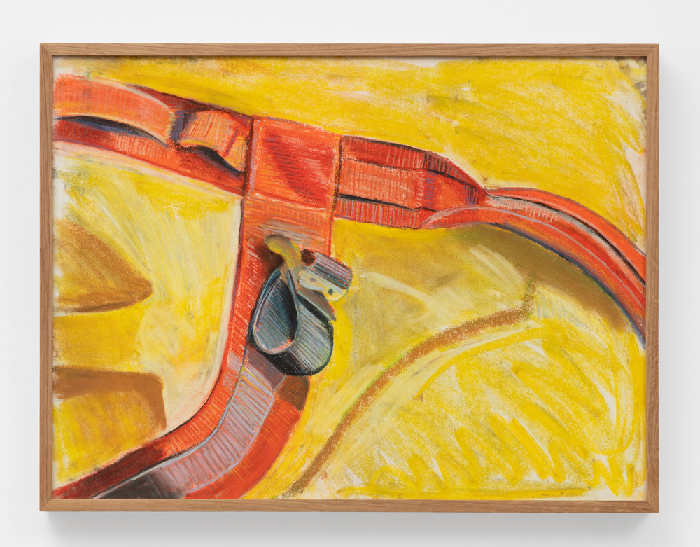 A framed chalk pastel drawing of an orange t-shaped strap on a yellow background. There is a buckle in the middle where the strap loops through and becomes blue